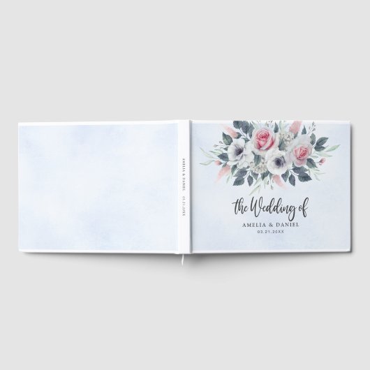Romantische Rosa Wasserfarben Blumenzehen Blau Gästebuch (Voll)