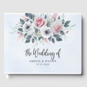 Romantische Rosa Wasserfarben Blumenzehen Blau Gästebuch