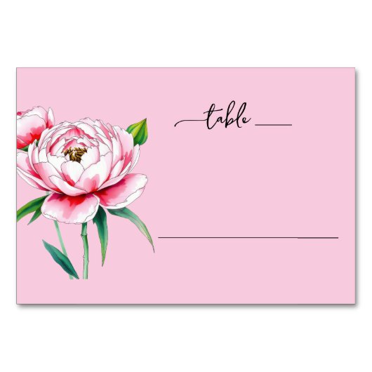 Romantische rosa Wasserfarben-Pfingstrose Tischnummer (Vorderseite)