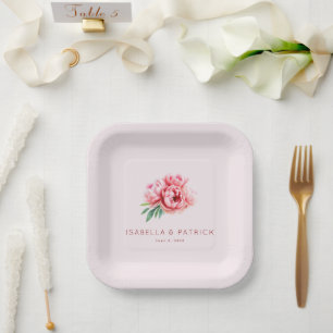 Romantische rosa Wasserfarben-Pfingstrosen Pappteller
