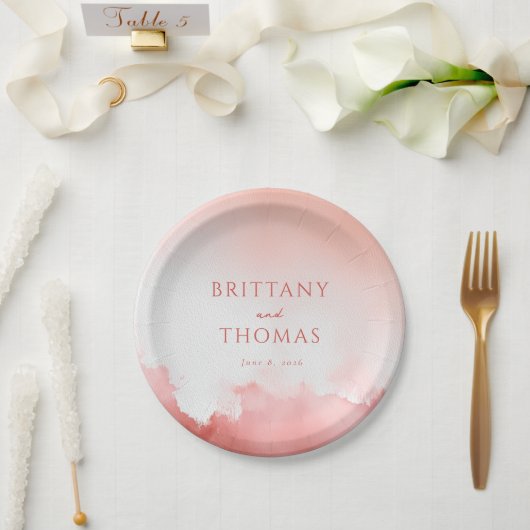 Romantische rosa Wasserfarbnamen Pappteller (Hochzeit)