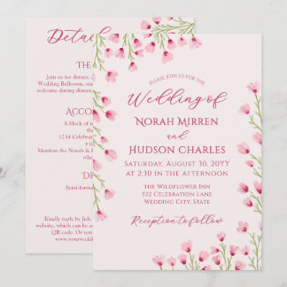 Romantische rosa Wildblumen 2-in-1 Hochzeit & Deta Einladung