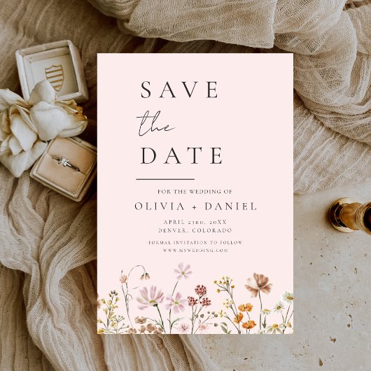Romantische Rosa Wildblumen Boho Save the Date