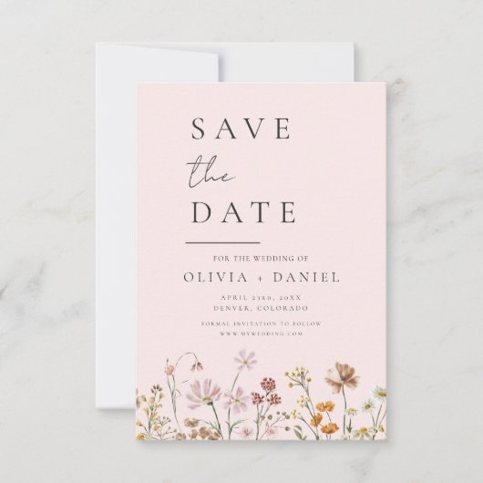 Romantische Rosa Wildblumen Boho Save the Date (Vorderseite)