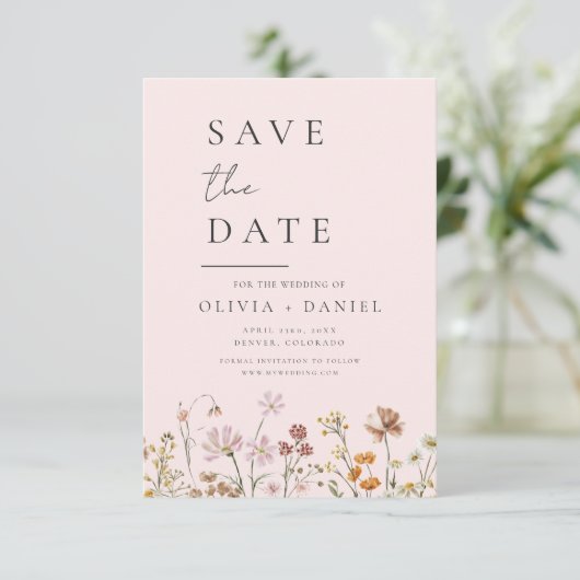 Romantische Rosa Wildblumen Boho Save the Date (Stehend Vorderseite)