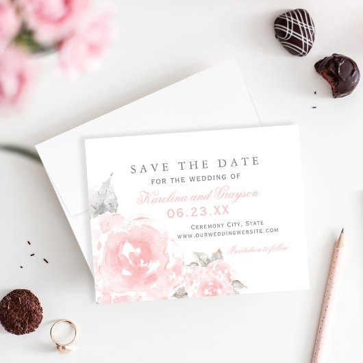 Romantische Rosafarbene Aquarell-Rosen-Hochzeit Save The Date