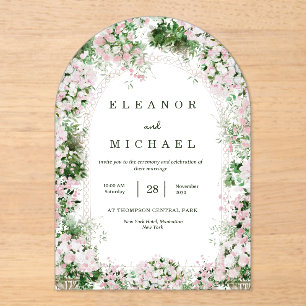 Romantische rosafarbene florale Gartenhochzeit Acryleinladungen