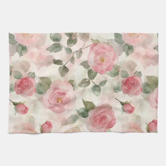 Romantische rosafarbene Rosen Blumen Geschirrtuch (Horizontal)