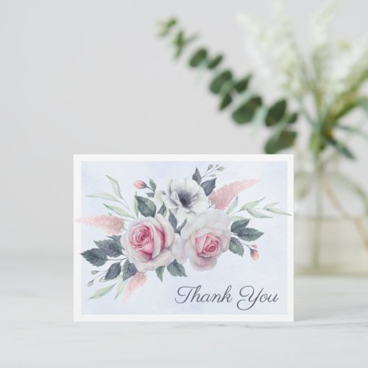 Romantische Rose Blue Watercolor Danke Postcard Ankündigungspostkarte (Stehend Vorderseite)