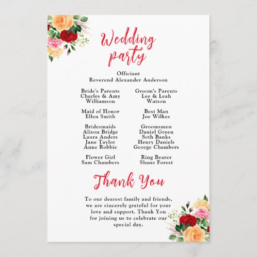 Romantische Rose Blumenhochzeit Programm (Rückseite)