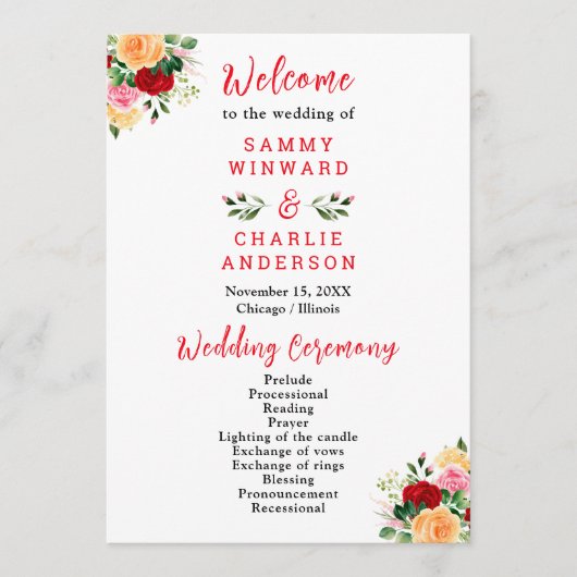 Romantische Rose Blumenhochzeit Programm (Vorderseite)