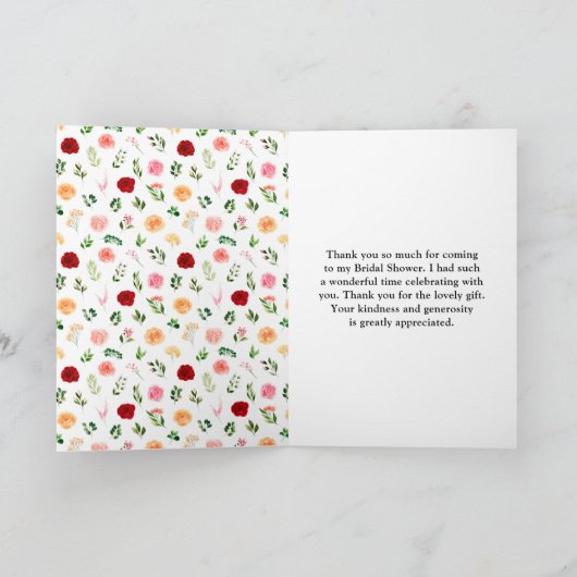Romantische Rose Blumenkohl Brautparty Dankeskarte (Innenseite)