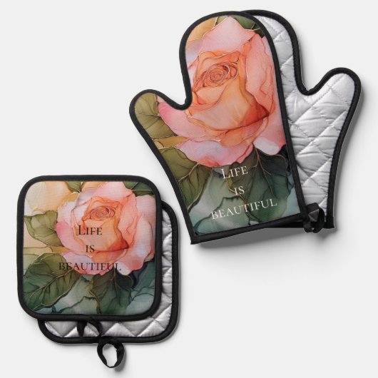 Romantische Rose Blumenkohl Brautparty Ofenhandschuh & Topflappen-Set (Vorderseite/Rückseite)