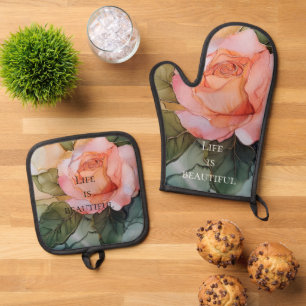 Romantische Rose Blumenkohl Brautparty Ofenhandschuh & Topflappen-Set