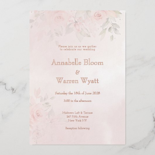 Romantische Rose Blush Garden 2 mit Rose Gold Folieneinladung (Vorderseite)