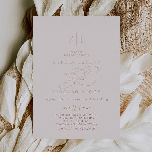 Romantische Rose | Blush Monogram Wedding Folieneinladung