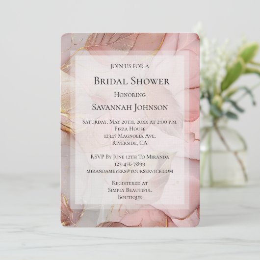 Romantische Rose Blush Pink Gold Leaf Brautparty Einladung (Stehend Vorderseite)