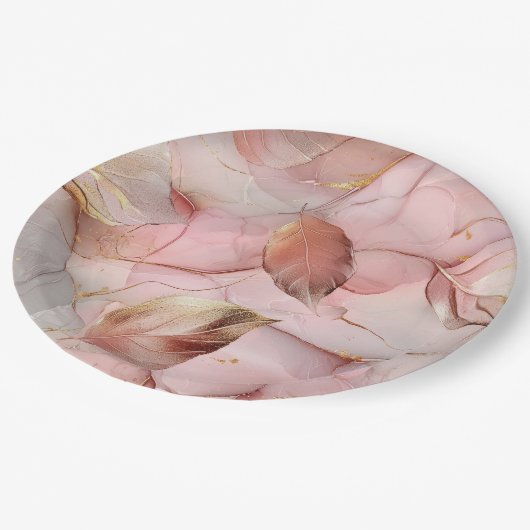 Romantische Rose Blush Pink Gold Leaf Brautparty Pappteller (Schrägansicht)