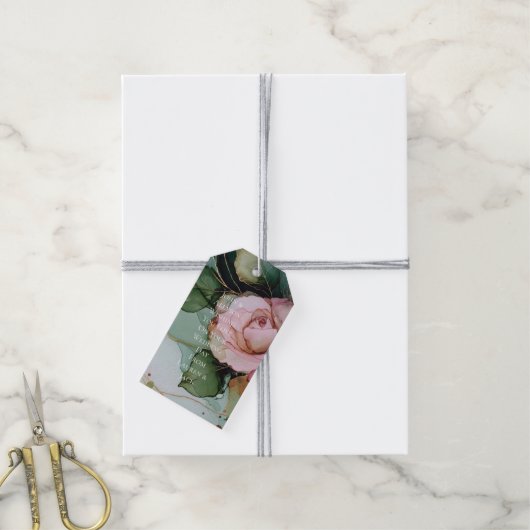 Romantische Rose Blush Pink Goldfloralhochzeit Geschenkanhänger (Mit Garn)