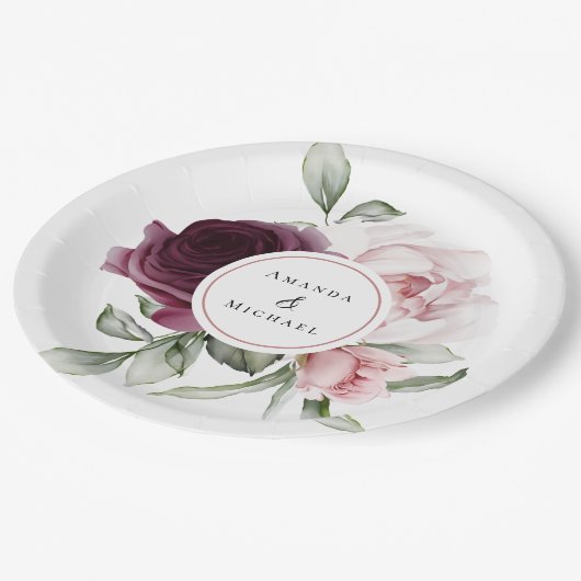 Romantische Rose Botanische Hochzeit Pappteller (Schrägansicht)