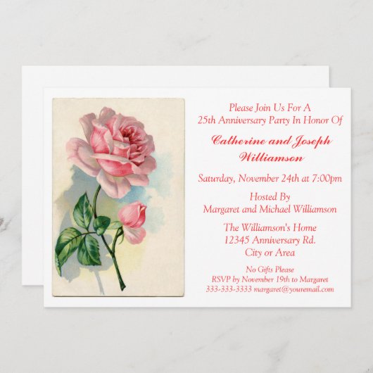 Romantische Rose Bud Blume Custom Anniversary Part Einladung (Vorne/Hinten)