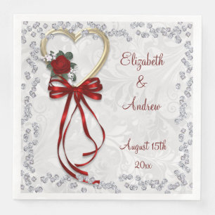 Romantische Rose, Diamanten & rotes Band Verlobung Serviette