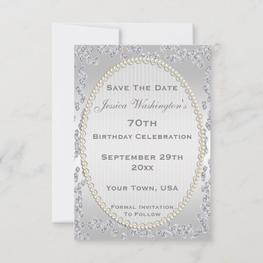 Romantische Rose & Diamanten Save the Date 70. (Rückseite)