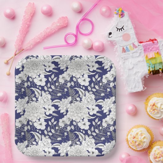 Romantische Rose-Ekalyptuslinie zeichnend lila Pappteller (Party)