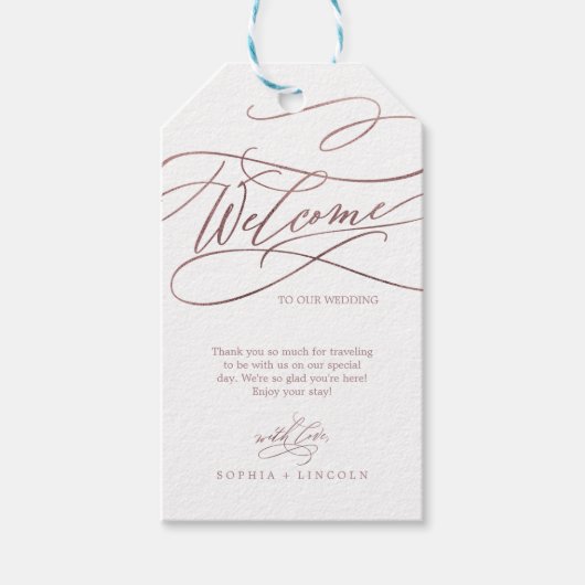 Romantische Rose Gold Calligrafy Wedding Willkomme Geschenkanhänger (Vorderseite)