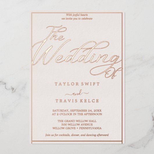 Romantische Rose Gold Foil & Blush Rahmen Hochzeit Folieneinladung (Vorderseite)