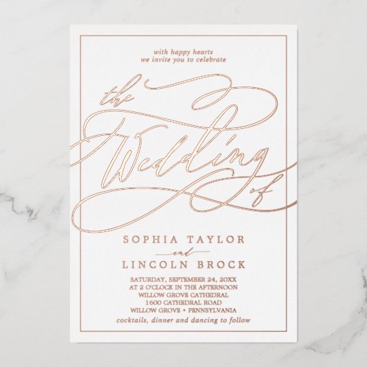 Romantische Rose Gold Foil Calligraphy Frame Weddi Folieneinladung (Vorderseite)