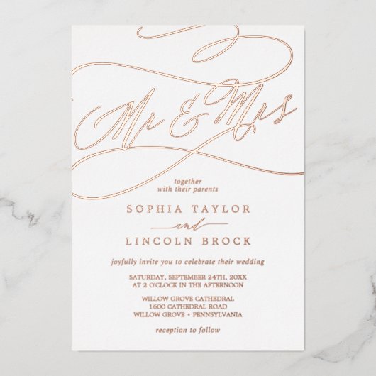 Romantische Rose Gold Foil Mr. & Mrs. Wedding Folieneinladung (Vorderseite)