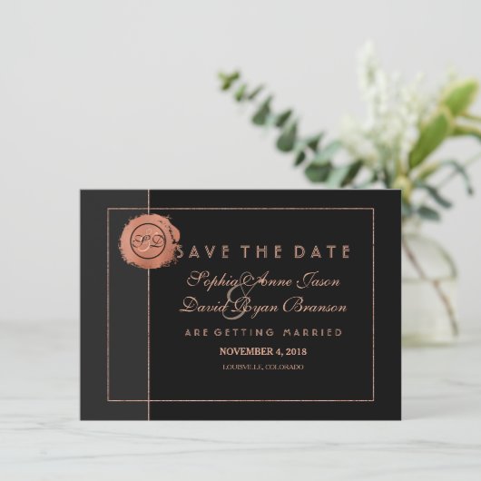 Romantische Rose Gold Glitzer Monogram Save the Da Date (Stehend Vorderseite)