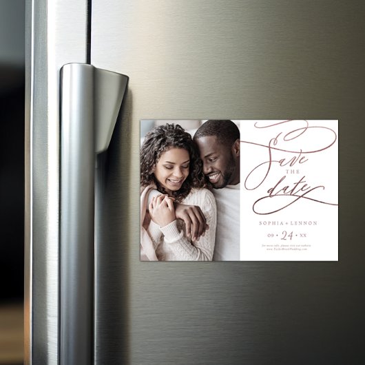 Romantische Rose Gold Kalligrafie Foto Save the Da Magneteinladung