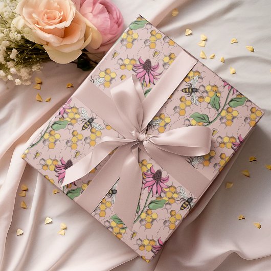 Romantische Rose Gold Queen Bee, Honeycomb & Blume Geschenkpapier