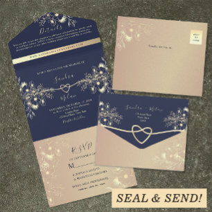 Romantische Rose Gold und Marinehochzeit All In One Einladung