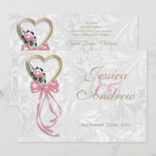 Romantische Rose, goldenes Herz und rosa Band Einladung
