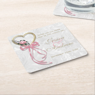 Romantische Rose, Goldenes Herz und rosa Band Rechteckiger Pappuntersetzer
