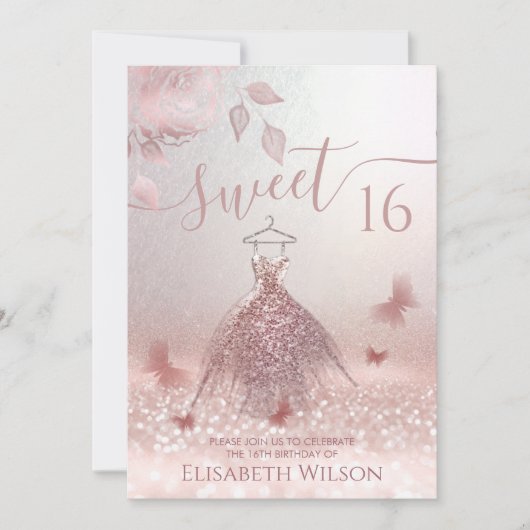 Romantische Rose Goldglanz-Omelfarben-Schmetterlin Einladung (Vorderseite)