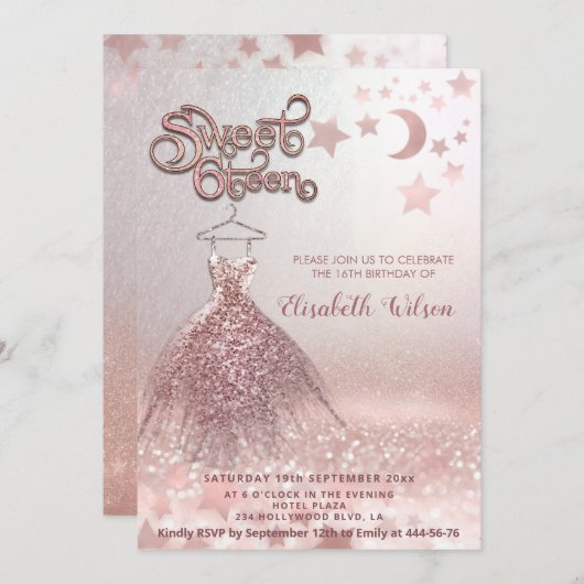 Romantische Rose goldglänzend Kleid himmlisch Einladung (Vorne/Hinten)