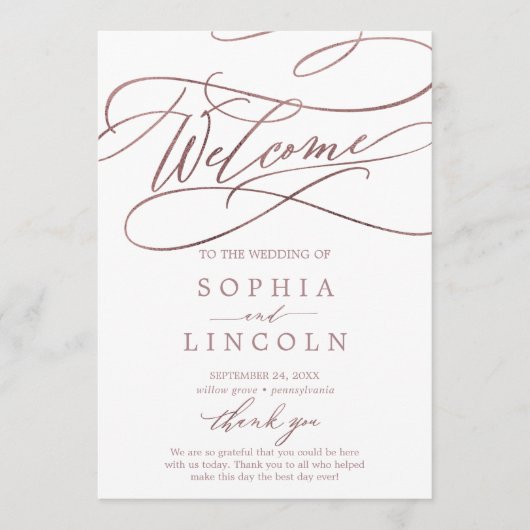 Romantische Rose Goldkalligrafie Hochzeit Programm (Vorderseite)