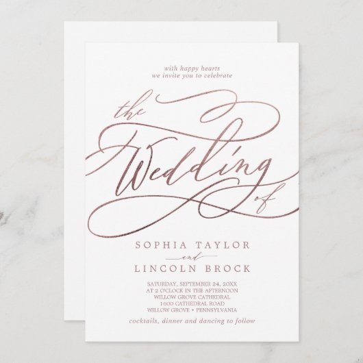 Romantische Rose Goldkalligraphie in einer Hochzei Einladung (Vorne/Hinten)