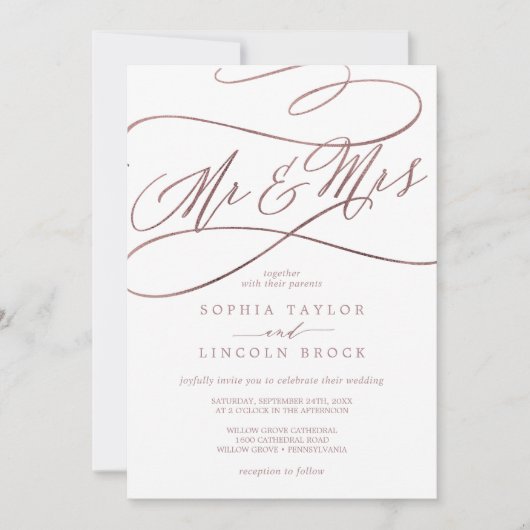 Romantische Rose Goldkalligraphie Mr. & Mrs. Weddi Einladung (Vorderseite)