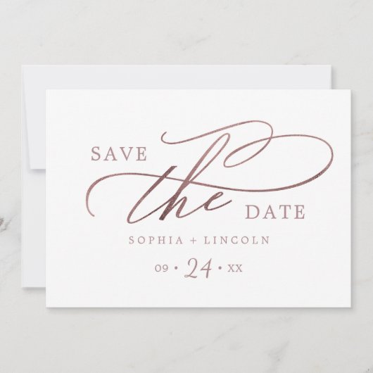 Romantische Rose Goldkalligraphie QR Code Horizont Save The Date (Vorderseite)