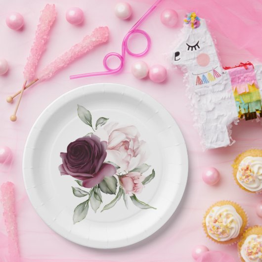 Romantische Rose Luxus Wasserfarbe Botanisch Pappteller (Party)