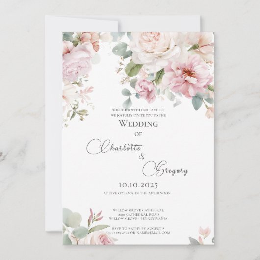 Romantische Rose mit Blumen Einladung (Vorderseite)