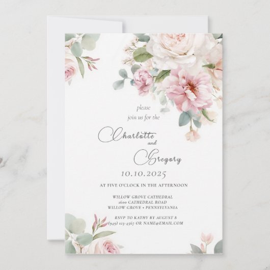 Romantische Rose mit Blumen Einladung (Vorderseite)