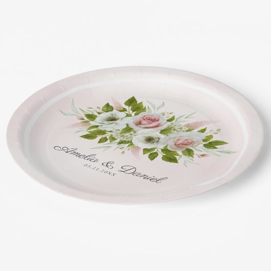 Romantische Rose Pappteller (Schrägansicht)