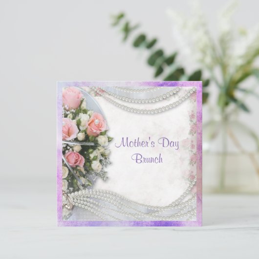 Romantische Rose & Perlen Muttertag Brunch Einladung (Stehend Vorderseite)
