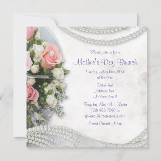 Romantische Rose & Perlen Muttertag Brunch Einladung (Rückseite)